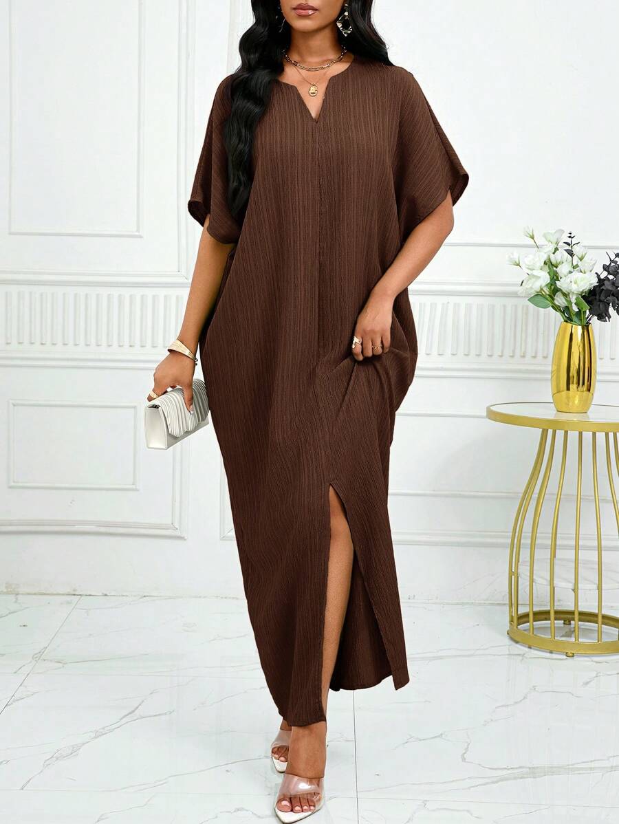 SHEIN Lady 春夏工作缺口蝙蝠袖长袍连衣裙 - 咖啡棕 - 查看 1