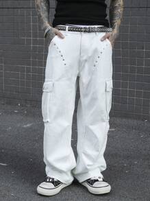 Manfinity EMRG Men's Front Button Pocket Simple Design Casual Jeans, Daily Wear - White - View 3