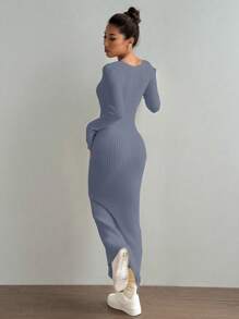 Lunelith SHEIN Lunessa Autumn Winter Casual Solid Color V-Neck Form-Fitting Maxi Sweater Dress