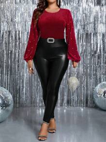 SHEIN Clasi Bodys de mujer de talla grande de unicolor de terciopelo con cuello de perlas