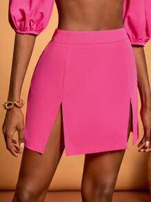Sylvia Mollie Falda mini casual con abertura de cintura alta en color rosa intenso para mujer, ideal para vacaciones, playa, festival, Ibiza