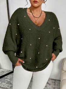 Celure Plus Size Women's Embellished Batwing Sleeve Loose Knitted Pullover Sweater, Casual For Autumn/Winter