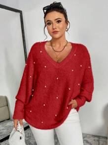 Celure Plus Size Women Loose Batwing Sleeve Beaded Knitted Sweater, Casual Pullover For Autumn & Winter