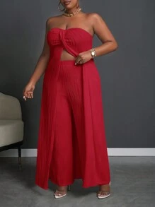 Slaydiva Plus Size Women 2 Pieces Set - Tropical Print Sleeveless Cropped Front-Slit Flowy Top & Solid Black Maxi Wide Leg Pants, For Everyday, Holiday And Elegant Wear, Spring/Summer