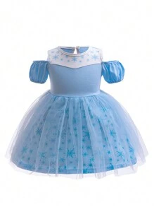 Glamorique Kids Baby Girl Snowflake Print Mesh Patchwork Knit Fabric Party Dress With Bubble Sleeves, Cute And Playful Blue Mesh Dress For Birthday, Performances, Everyday Wear, Cosplay