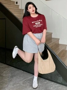 Dazy Plus Christmas Plus Size Loose Fit Round Neck Short Sleeve T-Shirt With Letter Print, Chinese New Year, Spring/Summer Oversized T-Shirt,Graphic Tees - Burgundy - View 5