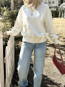 Chiquease Casual Bow Decor Drop Shoulder Sweatshirt, Autumn/Winter Pullover Fall Sweatshirt - Beige - View 8