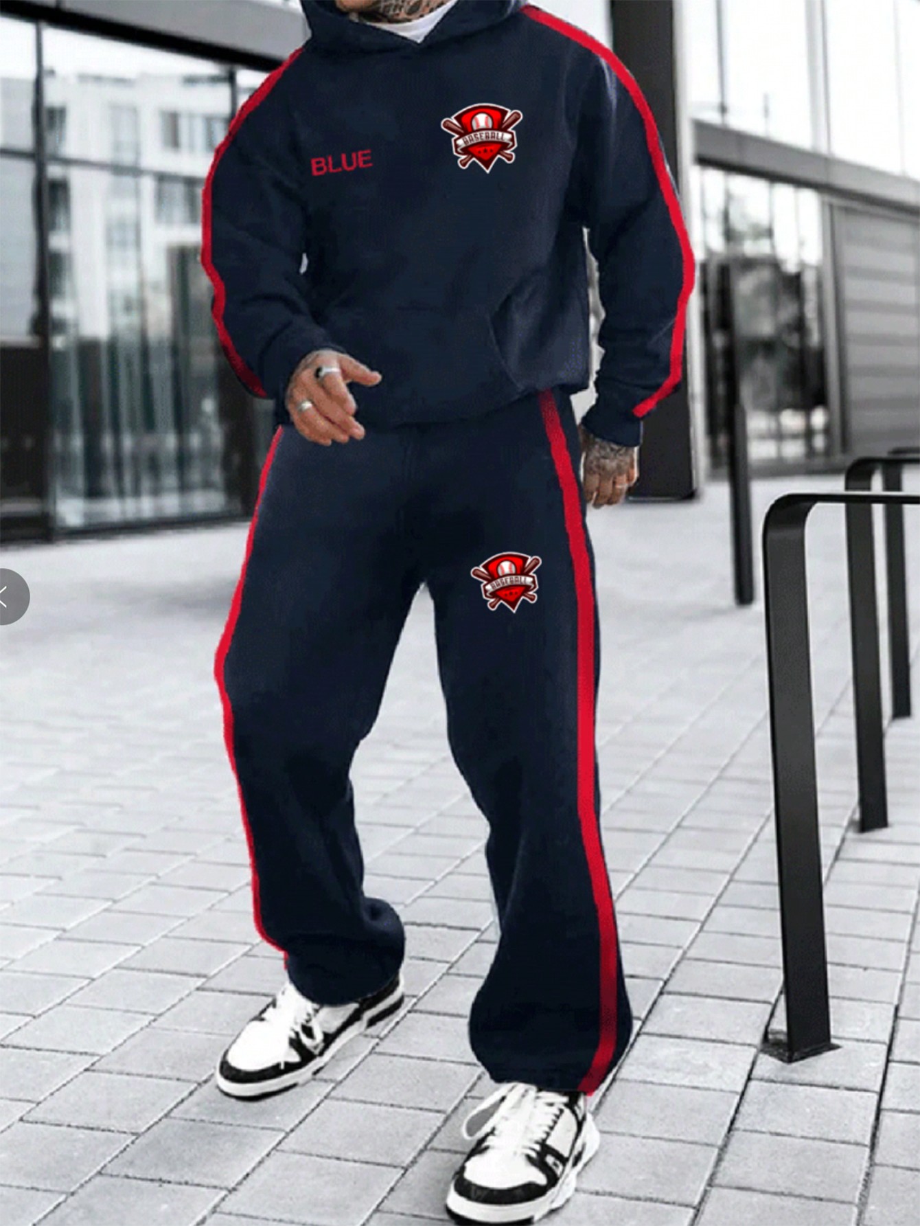 SHEIN Manfinity Dauomo Men's Fashionable Red Color Block Set, Top And Pants, Casual Minimalist For Everyday Wear