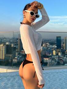 Áo crop top tay dài cổ tròn màu trơn cho nữ, dành cho kỳ nghỉ hè trên bãi biển, vải lanh mỏng - trắng - Xem 6