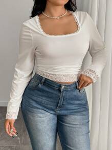 SHEIN ICON 大码女式春夏纯色撞色蕾丝圆领长袖修身 T 恤