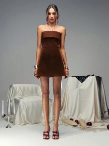 TypaGal Women's Elegant Brown Contrast Satin Fold Over Bandeau A Line Mini Dress,Cocktail Semi Formal Prom Dress For Wedding Guest Party Homecoming - Coffee Brown - View 3
