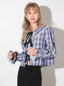 Easelle 女式复古现代蓝白格子水手领蕾丝天鹅绒系带泡泡袖宽松衬衫