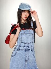 SHEIN EZwear Women's Denim Bib Pants And Jumpsuit, Casual Slim Fit Bib Straight Leg Long Pants, Valentines Bow Jumpsuit - Medium Wash - View 5