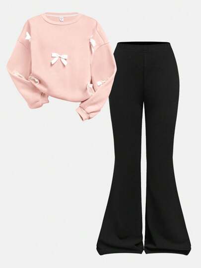 SHEIN Conjunto informal de 2 piezas para niñas preadolescentes, con sudadera holgada de manga larga con decoración de lazo y pantalones acampanados ajustados