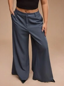 Forever 21 Plus Size Women Loose Fit Flared Casual Formal Pants, Spring New Arrival - Grey - View 4