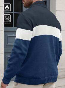 Manfinity Homme 大码男士休闲拼色针织毛衣，秋冬款 - 藍色 - 查看 2