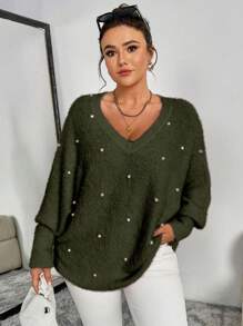 Celure Plus Size Women's Embellished Batwing Sleeve Loose Knitted Pullover Sweater, Casual For Autumn/Winter