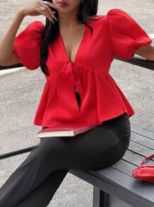 Dames effen kleur gestrikte voorkant pofmouw mode blouse, rode top