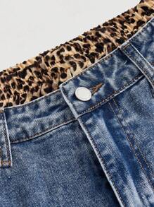 SHEIN MOD Jeans de pierna ancha con parches de estampado de leopardo azul, jeans azules, jeans holgados de leopardo, Y2K, jeans de mujer, jeans de talle alto, jeans de mujer para conciertos - Azul lavado oscuro - Ver 6