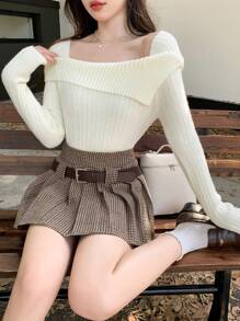 DAZY 1pc Women Off-Shoulder Knit Sweater Casual Long Sleeve Off Shoulder Sweater,Fall Women Clothes - Apricot - View 3