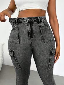 Slaydiva Quần Jeans Cargo Co Giãn Nhẹ, Mỏng, Thường Ngày, Size Lớn, Có Túi Xếp Ly - màu đen - Xem 5