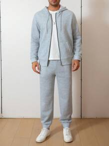 SHEIN Manfinity Dauomo Grey Men's Zip-Up Drawstring Hoodie And Sweatpants Set - Grey - View 4