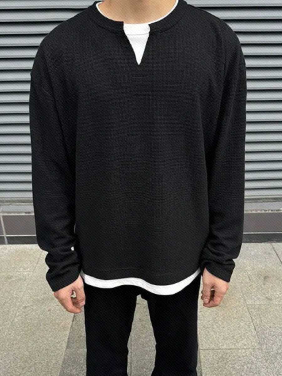 SHEIN Manfinity Dauomo Men's Solid Color Simple Fashion Casual Black Long Sleeve T-Shirt, Everyday Wear