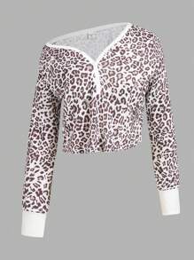 SHEIN Maglietta a maniche lunghe asimmetrica con stampa leopardata, slim fit, adatta per ragazze adolescenti in primavera/estate, per mamma e figlia - Multicolore - Visualizzare 3