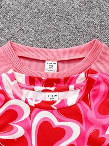 Tween Girl 2pcs Knit Round Neck Sleeveless Sporty Street Casual Heart Print Pink Dress Clothes Set For Valentine's Day