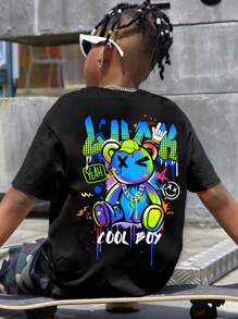 SHEIN Tween Boy 休闲简约卡通熊图案圆领短袖 T 恤，棉混纺，适合夏季