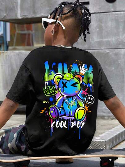 SHEIN Tween Boy 休闲简约卡通熊图案圆领短袖 T 恤，棉混纺，适合夏季