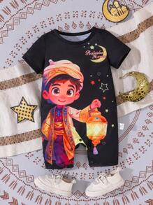 SHEIN 男女通用男婴穆斯林图案印花短袖连体衣，柔软舒适，适合所有夏季场合 - 彩色 - 查看 3