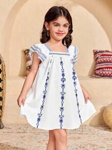 SHEIN Vestido casual de vacaciones con estampado floral y mangas con volantes para niñas jóvenes