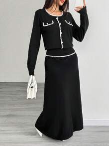 Chiquease 2pcs Women's Elegant Crew Neck Ribbed Knitted Sweater Set - Black - View 3