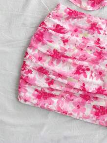 Soleia Women Pink Tie Dye Ditsy Floral Bodycon Camisole And Mini Skirt Two-Piece Set, Suitable For Vacation, Date, Afternoon Tea, Party Valentine's Day