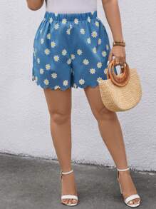 SHEIN LUNE Plus Size Floral Print Scallop Hem Casual Vacation Shorts Vacation Outfits Woman Summer Outfits For Women Summer Outfits For WomenVacation Outfits Woman Shorts For Women Boho/Bohemian,Holiday Outfits,Resort Shorts - Multicolor - View 4