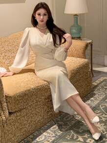 DAZY Women V-Neck Fitted Mid-Length Dress, White, Spring/Summer/Autumn Long Sleeve Dress - White - View 5