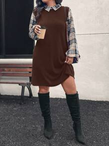 SHEIN LUNE Vestido casual suelto de talla grande con mangas de linterna, parche de estampado de leopardo y costillas para mujer, vestido de fiesta de vacaciones de otoño, vestido de talla grande