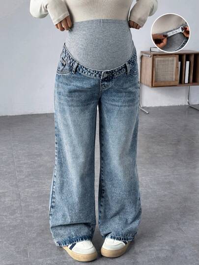 SHEIN Pantalon en jean de maternité ample en denim bleu vintage avec panneau tricoté pour femmes enceintes