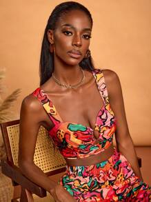 Sylvia Mollie Parte superior de corpiño estampada con flores de colores en estilo bohemio, boho, para mujer, diseño de primavera-verano, apto para vacaciones, salir, festivales, Ibiza