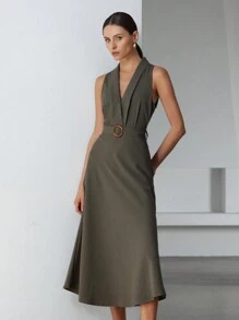 Aveloria Modichic Vestido sin mangas con decoración de cinturón en el cuello tipo lino para mujer