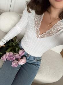 SHEIN Frenchy Contrast Lace Trimmed Trim Ribbed Knit V Neck Tights Bodysuit Winter White - White - View 3