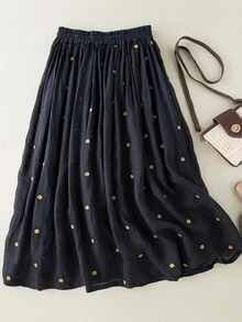 Women Flowy Elastic Waist Large Hem Pleated Skirt With Lining, Vintage Linen-Look Summer Long Skirt