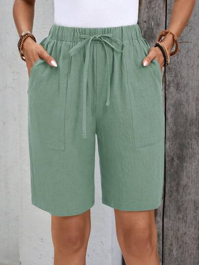 EMERY ROSE Linen Bermuda Shorts, Solid Color Linen Loose Fit Side Pockets Mid-Waist Fashion Basics