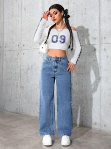 SHEIN PETITE 女士口袋直筒休闲百搭牛仔裤 - 淺色水洗藍 - 查看 3