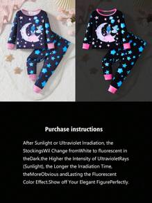 2pcs Baby Girl Black Background Colorful Glow In The Dark Print Snug Fit Long Sleeve Top And Pants Pajama Set - Blue - View 3