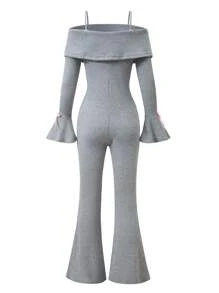 SHEIN Explorewe Tween Girls' Spring & Autumn Off Shoulder Knit Jumpsuit With Butterfly Sleeve & Bow Decor - Grey - View 2