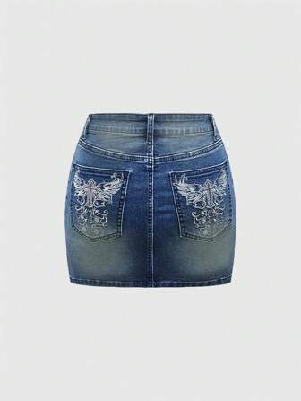 Grunge Punk Y2K Women's Denim Skirt With Cross Embroidery And Rhinestone Decor