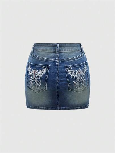 Grunge Punk Y2K Women's Denim Skirt With Cross Embroidery And Rhinestone Decor