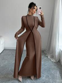 Elenzga Bộ 2 món: Váy nhung dệt kim cổ cao viền màu dài cho nữ - màu nâu - Xem 5